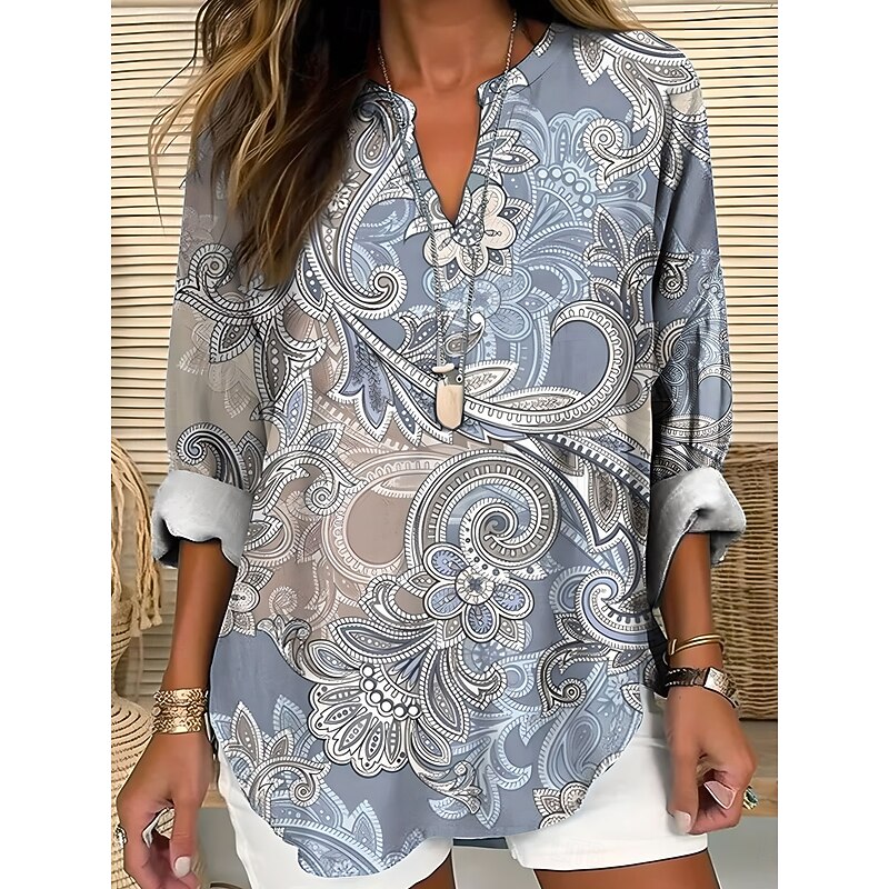 Women's Blouse Tunic V Neck Long Sleeve Boho Casual Tops Graphic Paisley Vintage Tropical Regular Tops Daily Wear Print Blue Khaki4