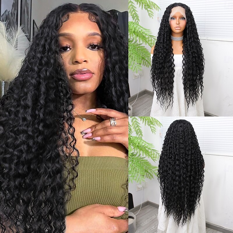 Synthetic Lace Wig Deep Curly Style 32 inch Black Middle Part 13x4x1 T Part Lace Front Wig Women's Wig Black