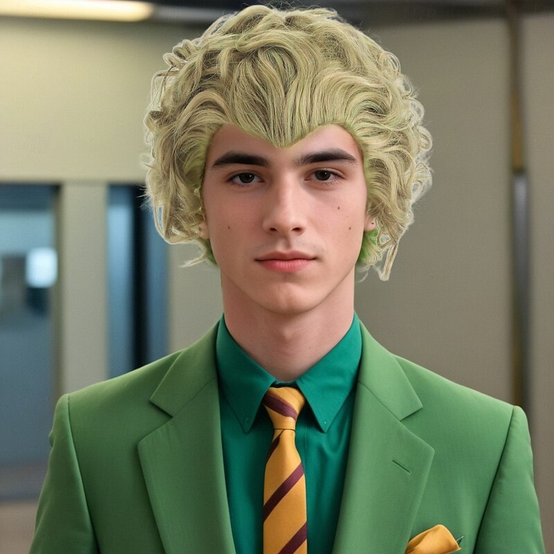 Synthetic Wig Wavy Curly Weave Asymmetrical Neat Bang Machine Made Wig 12 inch A1 Synthetic Hair Men's Classic Comfortable Color Gradient Green Multi-color2