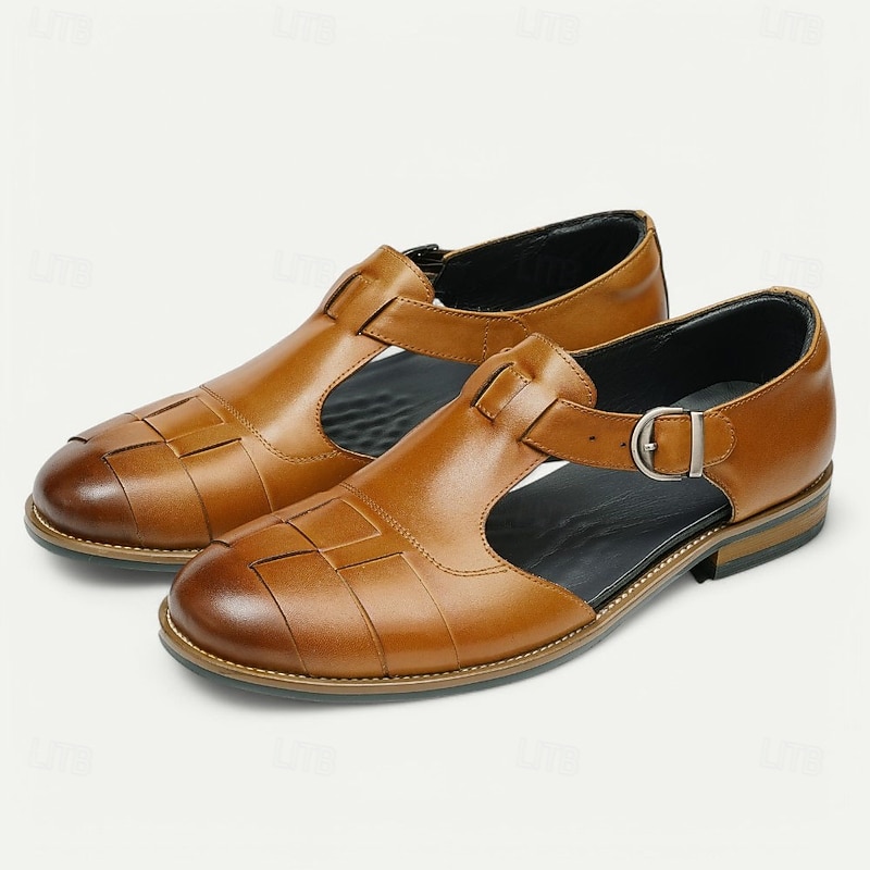 Men's Elegant Brown Leather Loafers with Woven Design - Ideal for Office and Social Events2