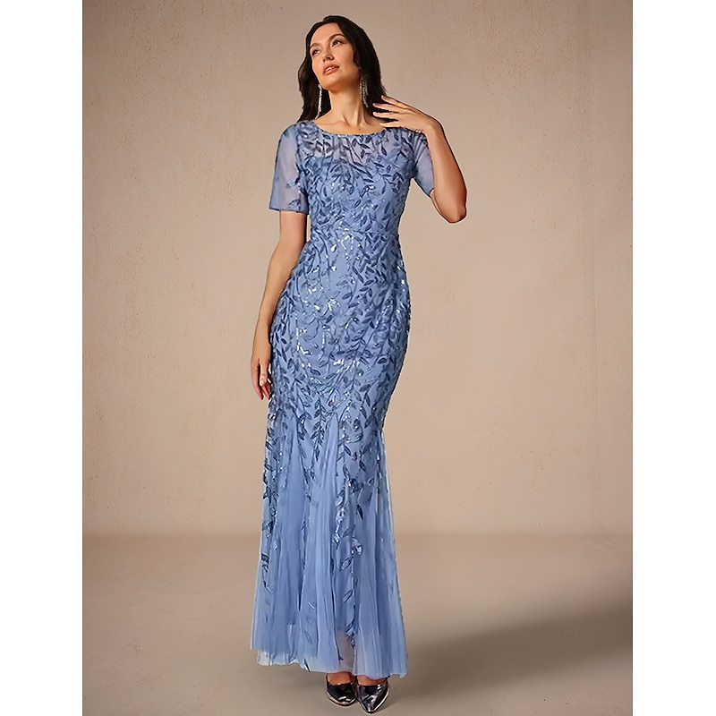 Mermaid / Trumpet Wedding Guest Dresses Elegant Dress Wedding Guest Birthday Floor Length Short Sleeve Crew Neck Tulle with Sequin Embroidery