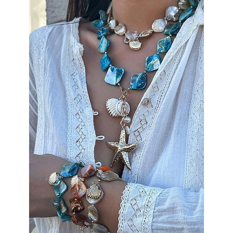 Boho Beach Starfish Necklace – Handmade Blue Stone & Shell Pendant Jewelry for Women, Ocean-Inspired Statement Necklace for Summer, Vacations & Resort Wear3