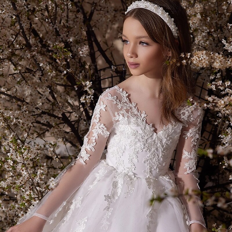 Flower Girl Dress Girls' Formal Dress Princess Dress First Communion Dress Wedding Attire Wedding Party Princess Sweet Easter Ruched Solid Color Long Sleeve V Neck White 4 years+4