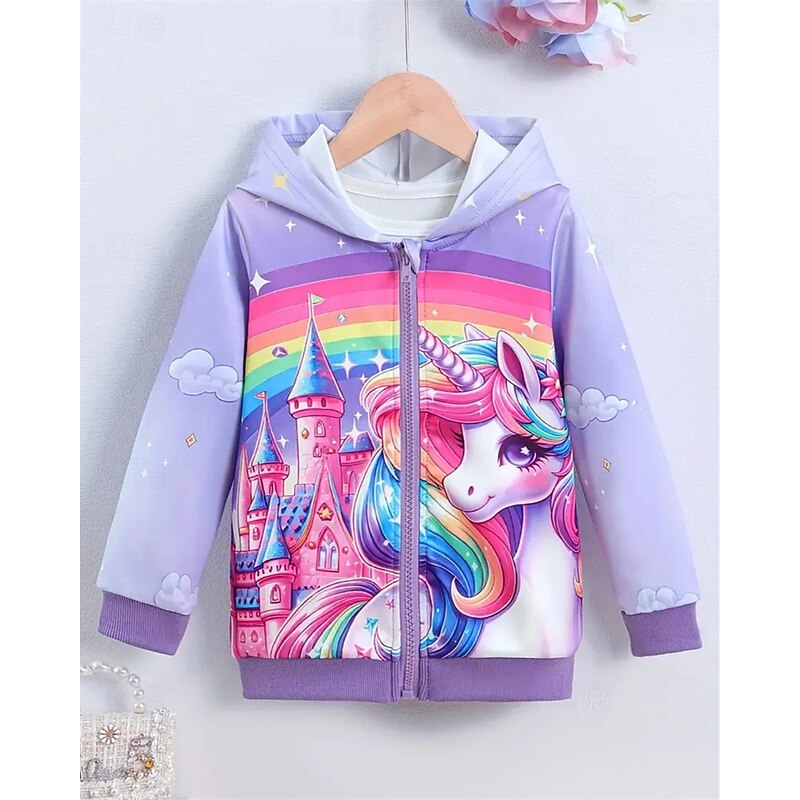 Girls' 3D Unicorn Hoodie Coat Outerwear Long Sleeve Spring Fall Adorable Sport Kids 4-12 Years Zip Street Daily Regular Fit