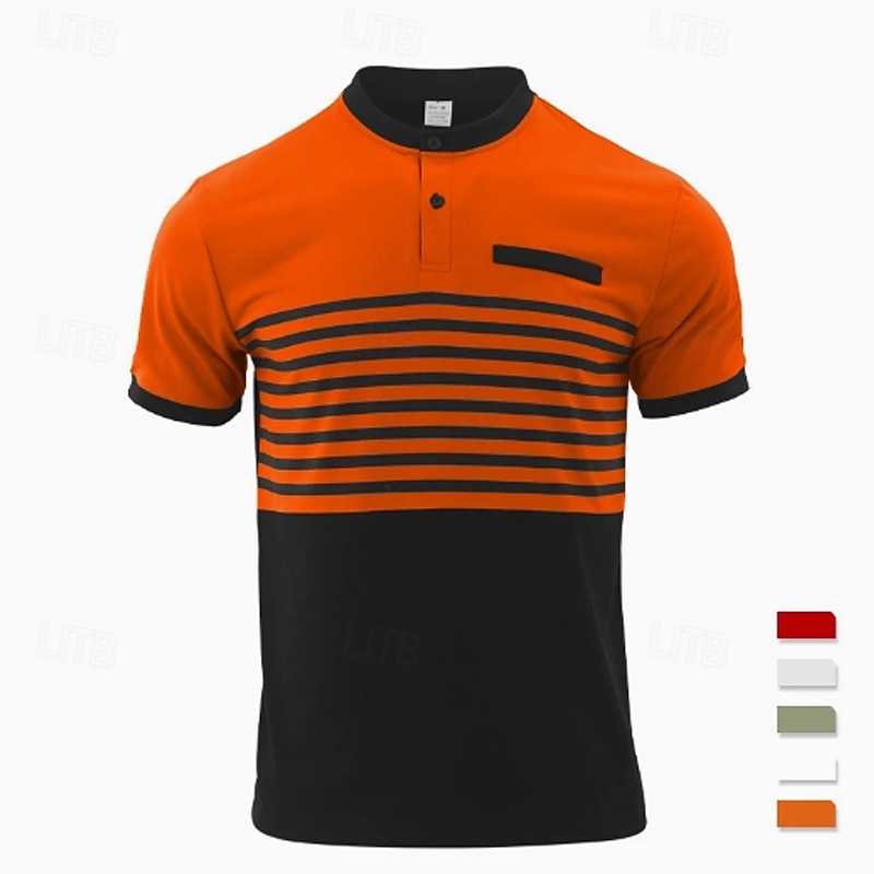 Men's Golf Shirt Golf Polos Shirts Work Casual Stand Collar Short Sleeve Basic Modern Stripes Buttons Summer Spring Regular Fit White Red Orange Green Gray Golf Shirt