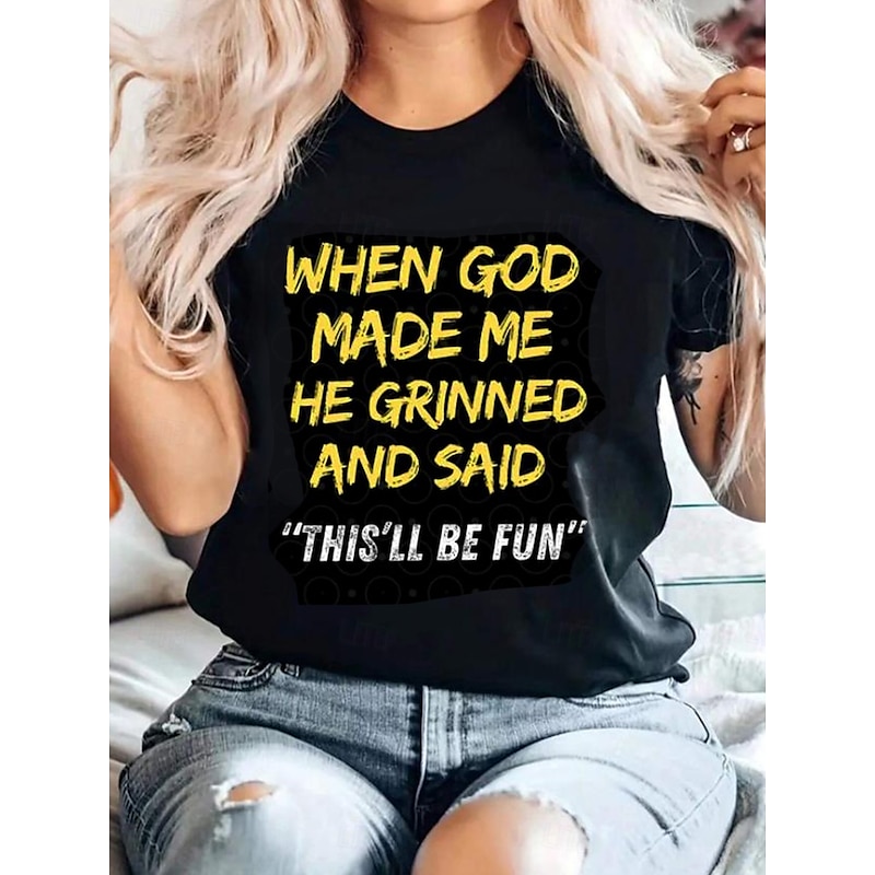Women's T Shirt Graphic Letter Stylish Casual Short Sleeve Round Neck Regular Tops Daily Weekend Print Black Summer Spring GOD