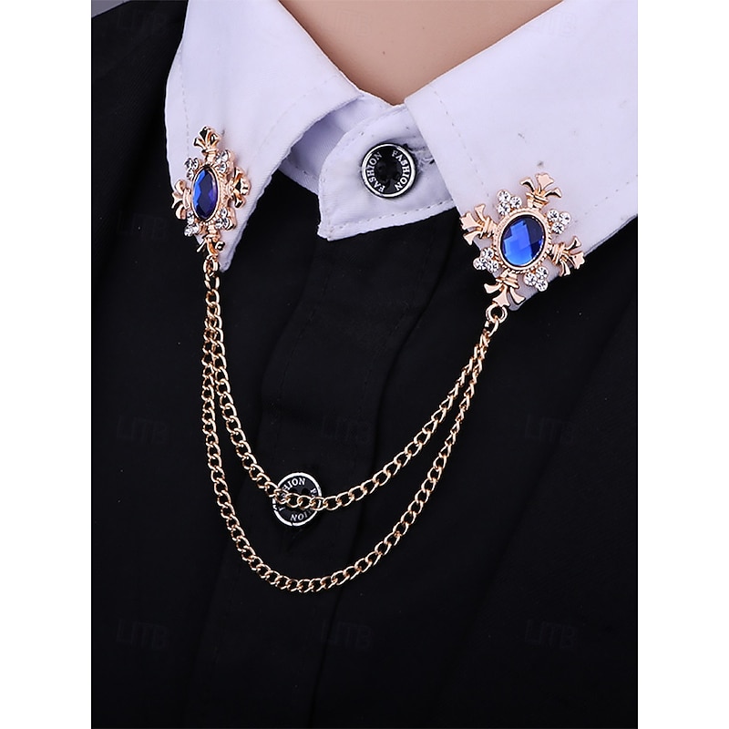 Vintage Blue Gem Collar Chain Brooch – Elegant Double Chain Lapel Pin for Men & Women, Gothic Victorian Style Shirt & Suit Accessory, Formal Wedding & Party Jewelry