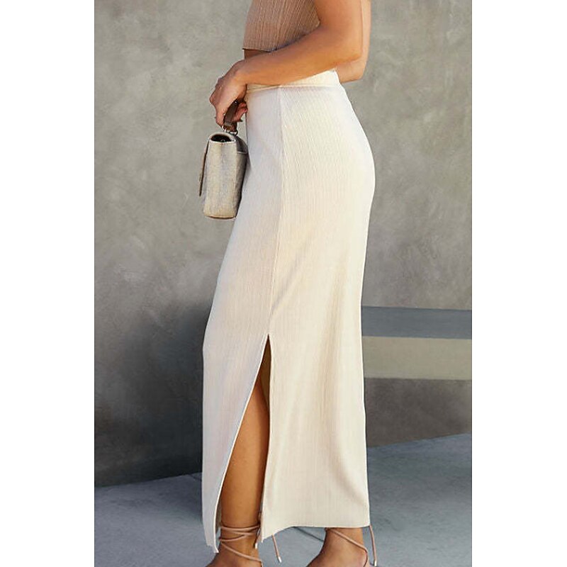Women's Skirt Bodycon Casual Midi Mid Rise Skirts Plain Split Ends Micro-elastic Street Going out Black White Camel Summer Polyester3