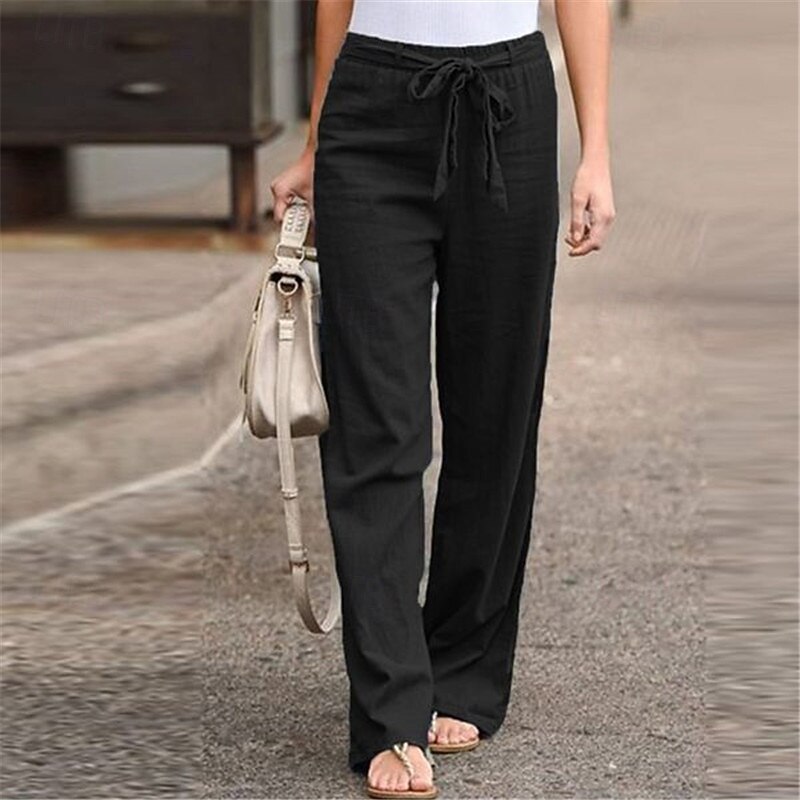 Women's Cotton Linen Pants Slacks Palazzo Pants Streetwear Casual Full Length Natural Plain Elastic Drawstring Design Comfy Outdoor Comfortable Daily Wear Going out Grey Black White Yellow Summer