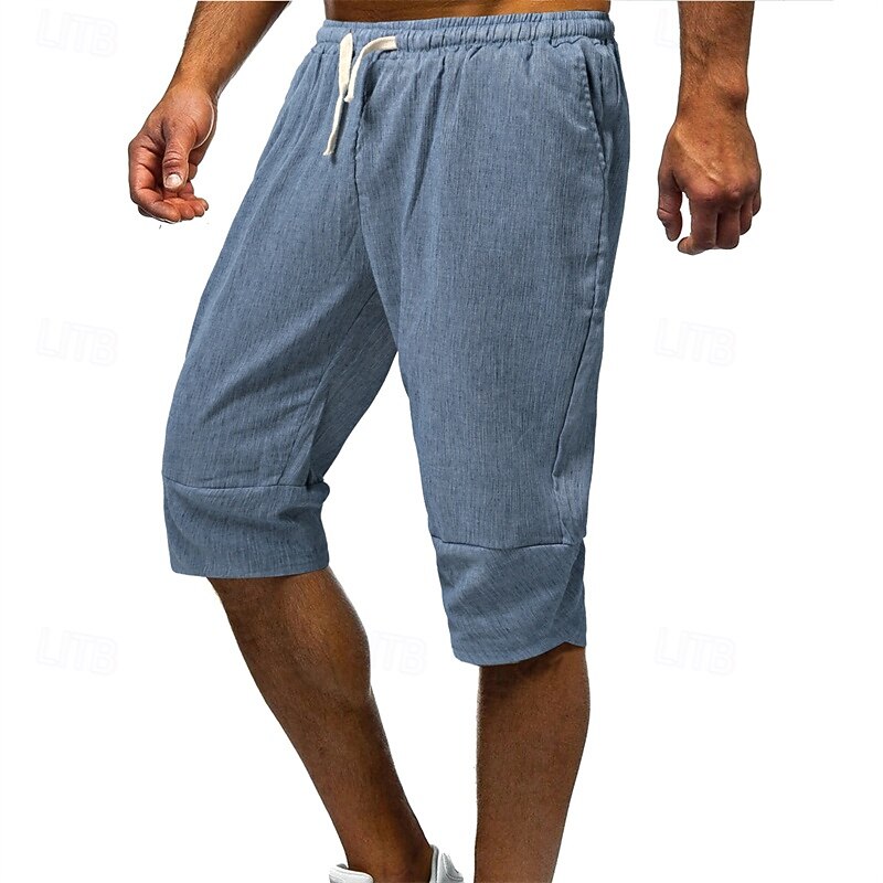 Men's Shorts Linen Shorts Summer Shorts Beach Shorts Pocket Drawstring Elastic Waist Plain Comfort Breathable Calf-Length Vacation Holiday Beach Hawaiian Boho Black Dark Gray