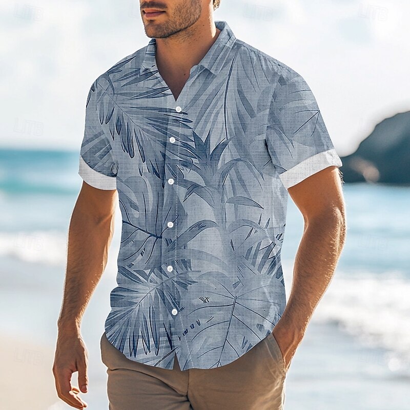 Men's Palm Leaf Tropical Plants Casual Shirt Summer Hawaiian Shirt Button Up Shirt Short Sleeve Hawaiian Resort Vacation Holiday Beach Wear Summer Spring Turndown 3D Print Collared Shirts Blue Purple2