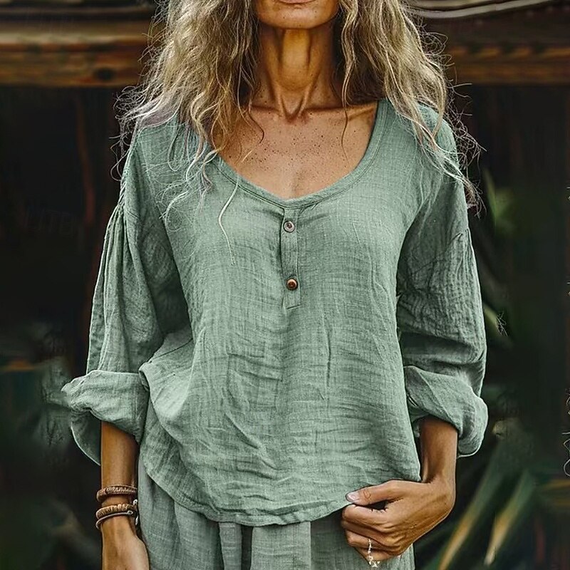Women's Shirt Blouse Cotton Linen Shirts Plain Basic Modern Casual Long Sleeve Crew Neck Regular Tops Daily Holiday Going out Buttons Light Green Purple Gray Light Blue Summer4