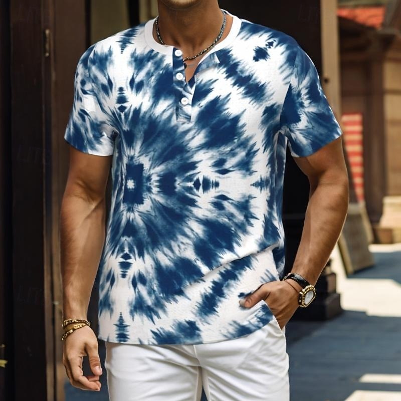 Men's Tie Dye Print T Shirt Henley Shirt Short Sleeve Designer Retro Vintage Street Casual Daily Summer Spring Blue Henley Henley T-Shirt