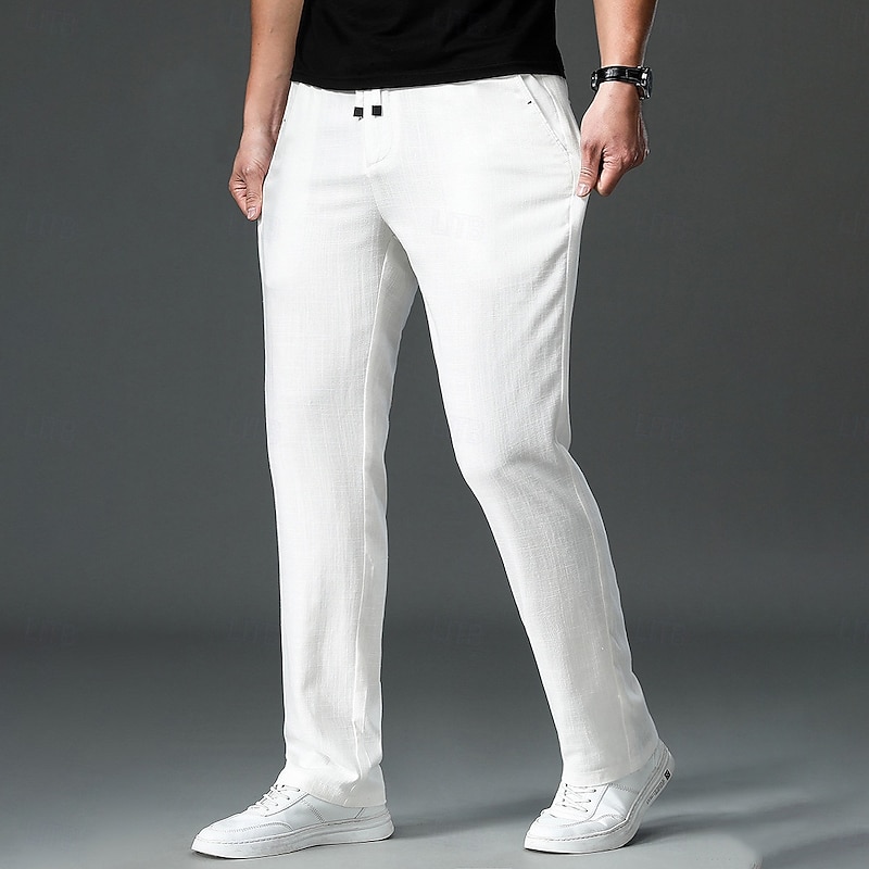 Men's Easy Care Cotton Linen Athletic Pants Active Pants Trousers Drawstring Elastic Drawstring Waist Solid Color Wearable Full Length Formal Wedding Outdoor Elegant Vacation Light Khaki Black Micro-e