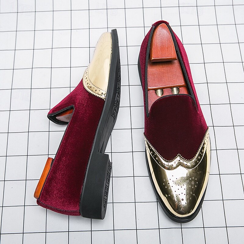 Men's Prom Shoes - Burgundy Velvet and Gold Patent Leather Slip-Ons with Brogue Detailing for Formal Wear3
