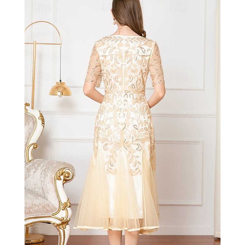 A-Line Beaded Dress Mother of the Bride Elegant Vintage Party V Neck Floor Length Lace Beaded Sequin Lace Short Sleeve with Flare3