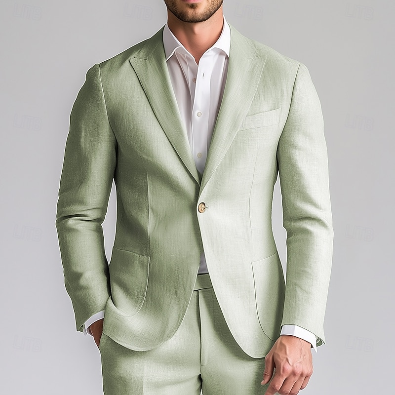 Men's Wedding Business Linen Suits Peaked Lapel Sage Fashion Casual Solid Colored Standard Fit 2 Piece Single Breasted One-button