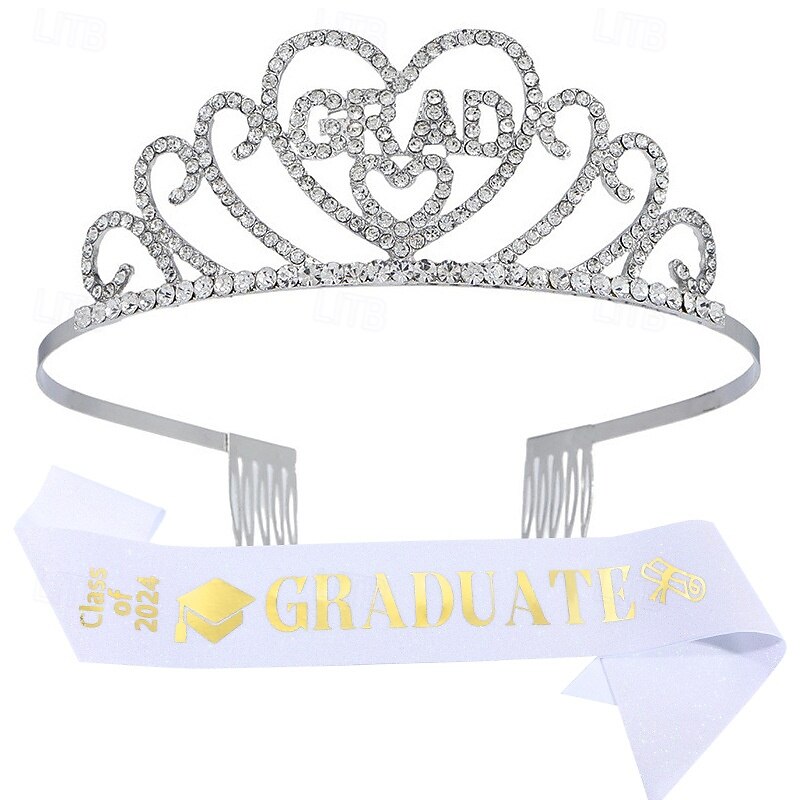 Graduation Crown and Stole Sash Set, Graduation Party Supplies Kit, 2025 Graduation Party GRADUATED Tiara, Rhinestone Letter Headpiece, Alloy Sash and Crown 2-Piece Set2