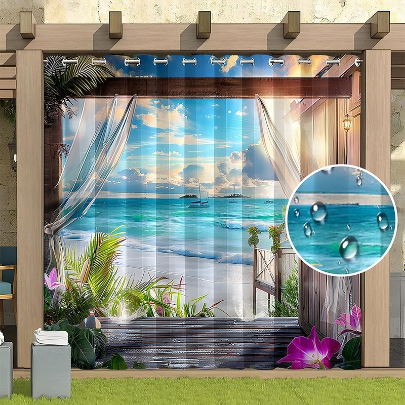 Waterproof Outdoor Curtain Privacy, Sliding Patio Curtain Drapes, Pergola Curtains Grommet 3D Beach Landscape For Gazebo, Balcony, Porch, Party, 1 Panel