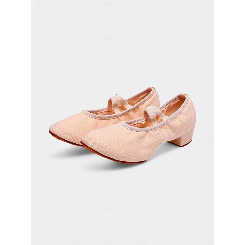 Beige Canvas Ballroom Dance Shoes for Women – Low Heel Elastic Strap Pumps for Professional Practice2