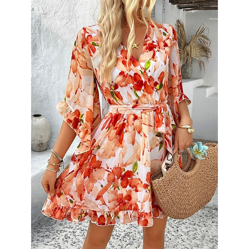 Women's Mini Dress Petite Dress Casual Dress Floral Dress Summer Dress Slip Dress Fashion Modern Daily Beach Weekend Regular Fit Floral 3/4 Length Sleeve V Neck Black Yellow Orange Green Summer2