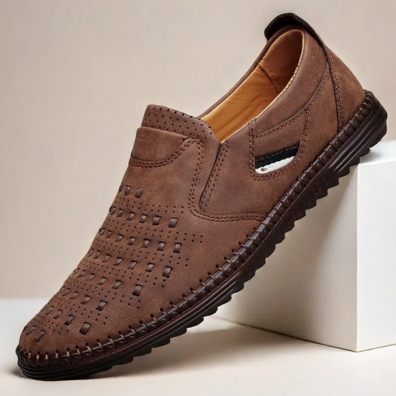 Men's Brown Suede Slip-On Loafers - Breathable Hollow-Out Casual Shoes for Summer & Work