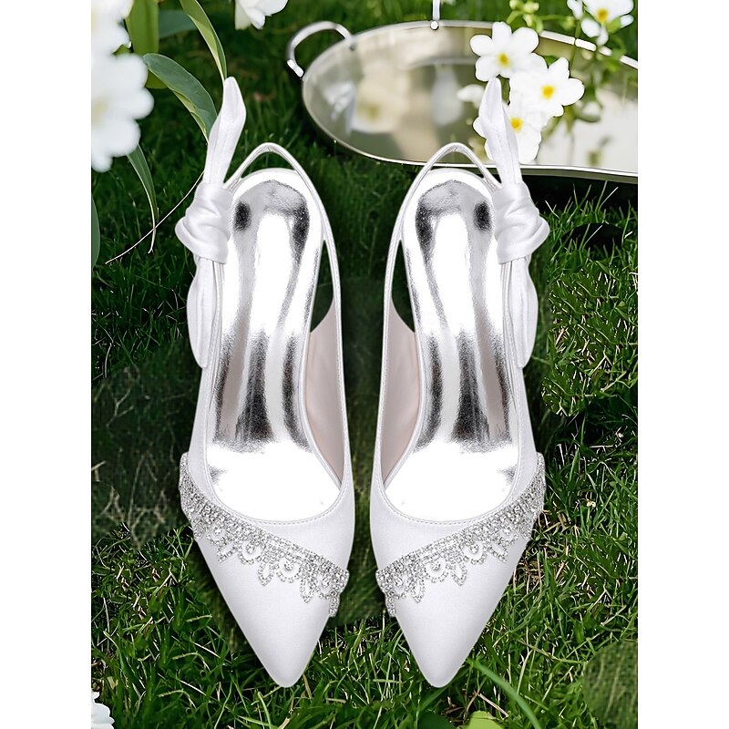 Women's White Satin Kitten Heel Slingback Wedding Shoes – Pointed Toe Bridal Heels with Crystal Bow Strap2