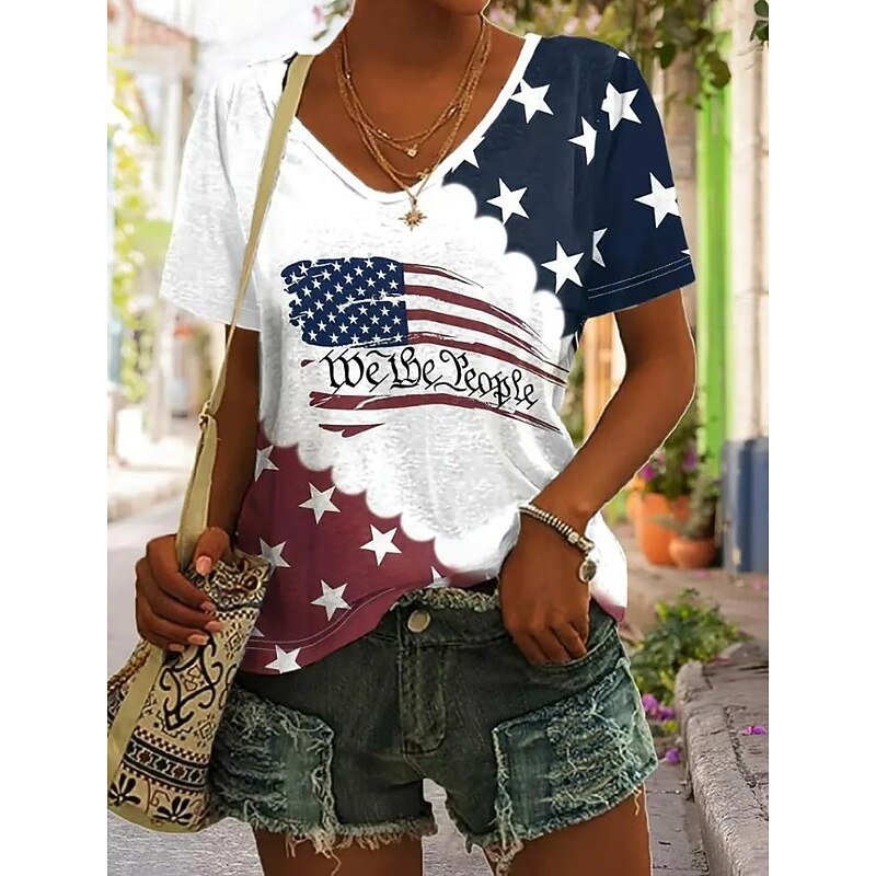 Women's Patriotic  T Shirt Flag American Flag National Flag Casual Red White And Blue Short Sleeve Round Neck Regular Tops Daily Print Blue Summer4
