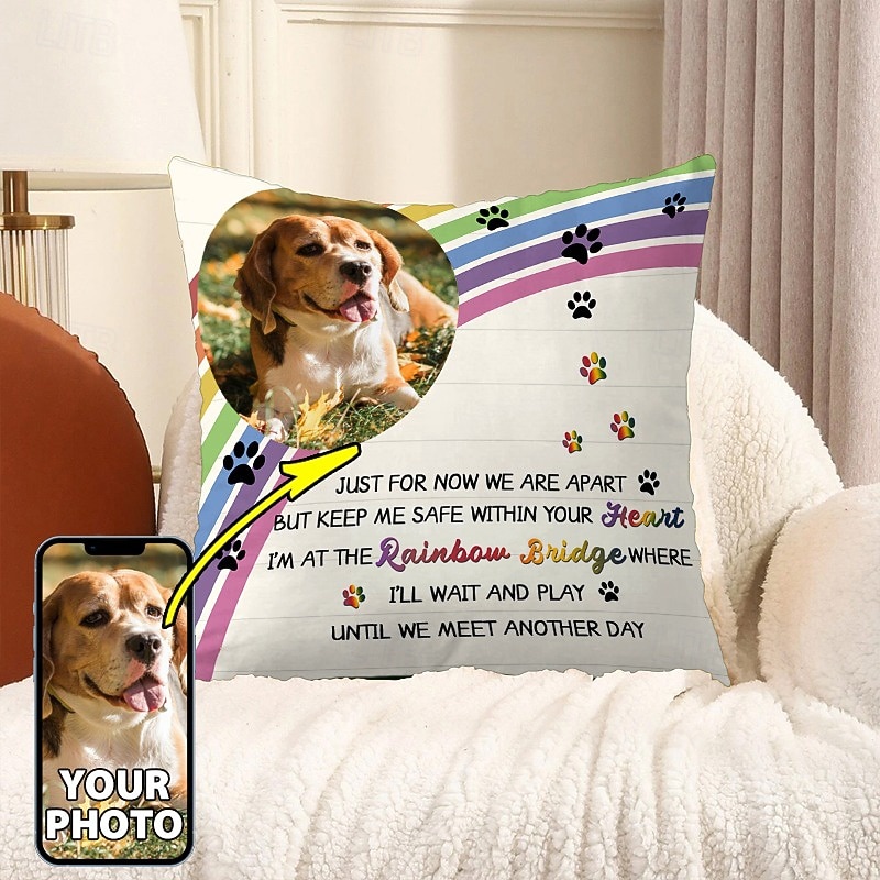 Custom Pet Photo Memorial Pillow Cover Cushion Cover Throw Pillow Sympathy Gift Personalized Memorial Gifts Cross Rainbow - Main Image