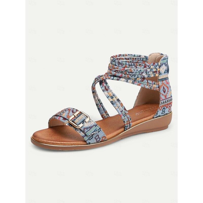 Women's Bohemian Strappy Flat Sandals – Ethnic Print Ankle Wrap Gladiator Sandals with Buckle for Summer, Beach & Casual Outfits3