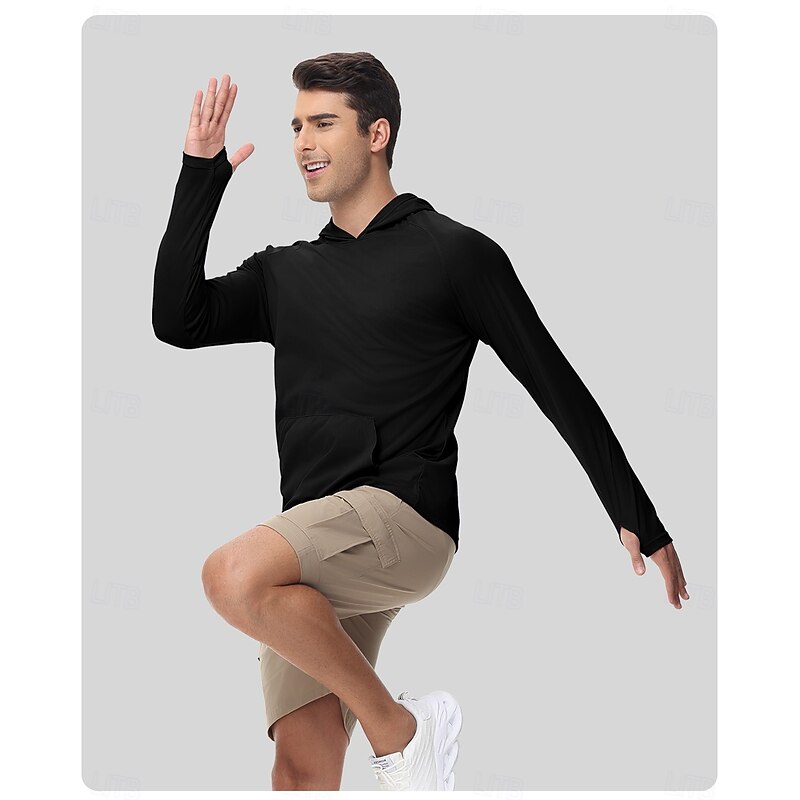 Men's Hiking Tee shirt Long Sleeve Hooded Tee Tshirt Outdoor Stretchy Terylene Dark Grey Black White Fishing Workout4