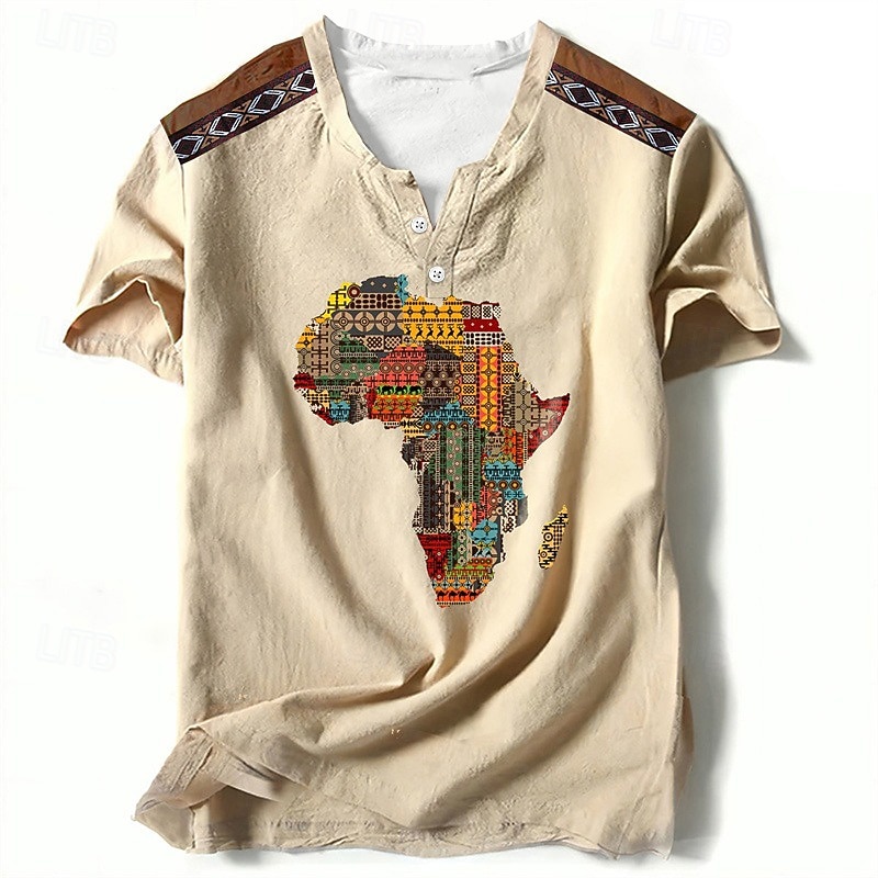 Independence Day Map Of Africa Mens Graphic Shirt Tribal Prints Designer Classic Casual 3D Tee Henley Vintage Outdoor Daily Vacation Light Brown Blue African Cotton