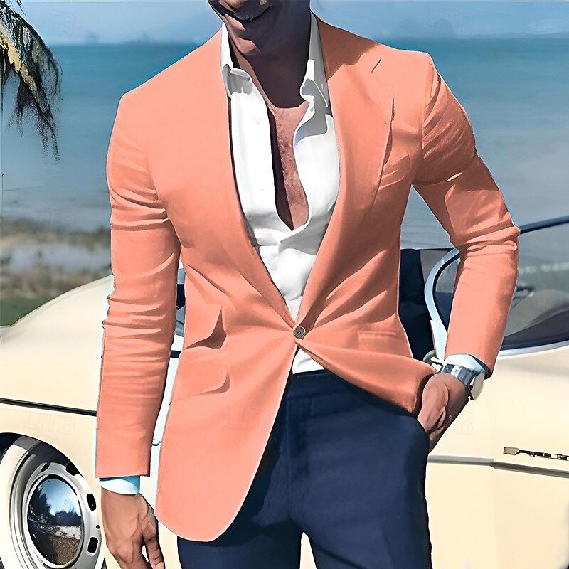 Men's Graduation Blazer Business Cocktail Party Wedding Party Fashion Casual Spring &  Fall Polyester Linen Plain Pocket Buttons Comfortable Single Breasted One-button Blazer Light Pink Yellow Pink