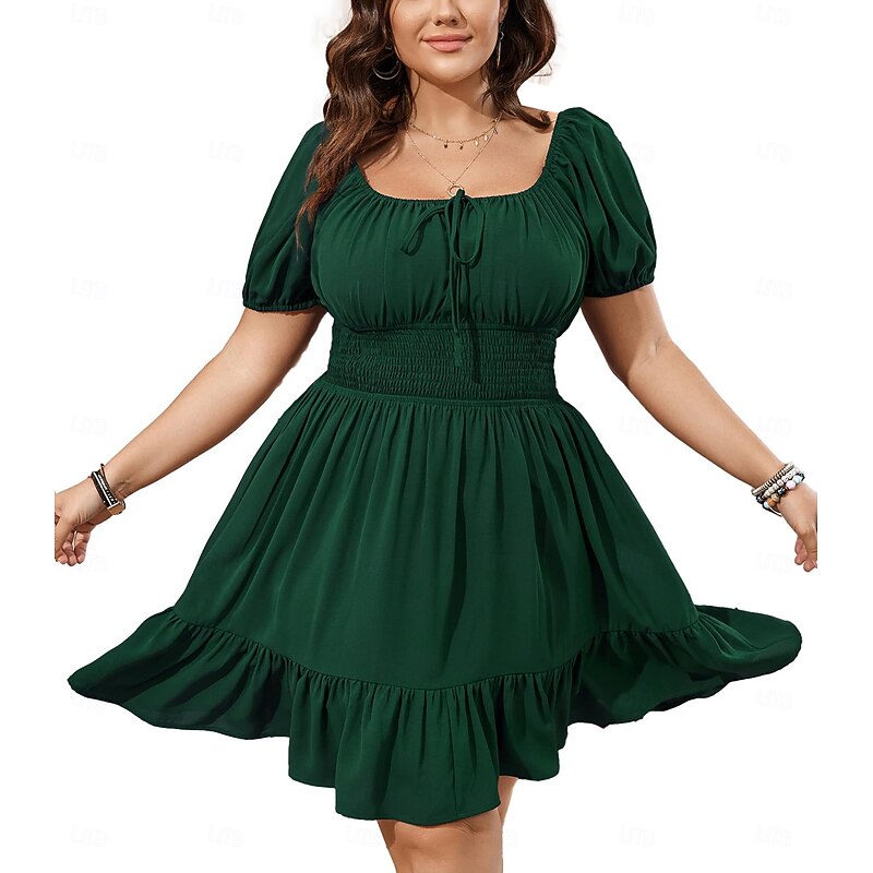 Retro Vintage Medieval Renaissance Mini Dress Flare Dress Puff Sleeve Elven Regency Inspired Solid Color Fancy Dress Women's Fantasy Masquerade Vacation Casual Daily Adults' Dress Spring & Summer4