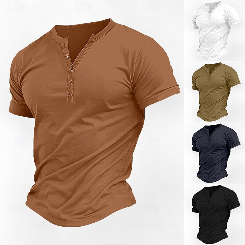 Men's T Shirt Henley Shirt Tee Top Short Sleeves Plain Fashion Basic Buttons V Neck Vacation Street Going out Summer White Navy Blue Brown Henley T-Shirt