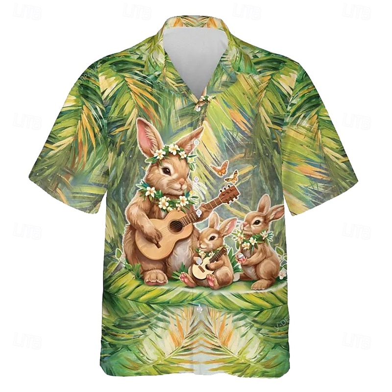 Easter Men's Bunny Plants Floral Print Shirt Cuban Collar Shirt Button Up Shirt Short Sleeve Vintage Retro Holiday Festival Summer Spring Camp Collar Shirt 3D Print Green2