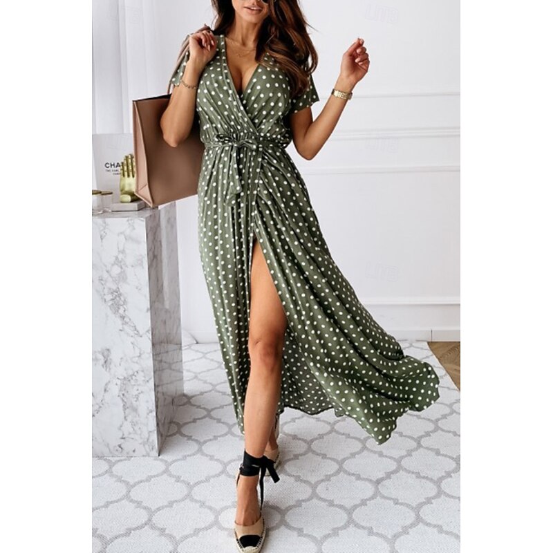Women's Midi Dress Casual Dress Boho Dress Classic Vacation Daily Holiday Regular Fit Polka Dot Short Sleeve V Neck Black Pink Green Summer2