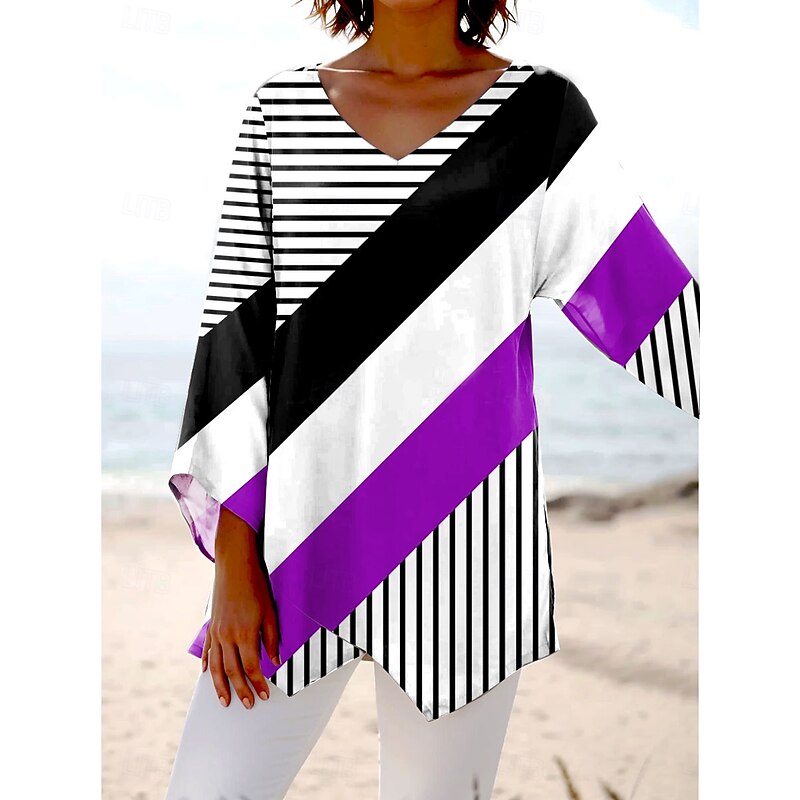 Women's Blouse Long Sleeve Asymmetrical Hem Graphic Geometric Striped Stylish Beach 3/4 Length Sleeve V Neck Regular Tops Daily  Spring Fall2