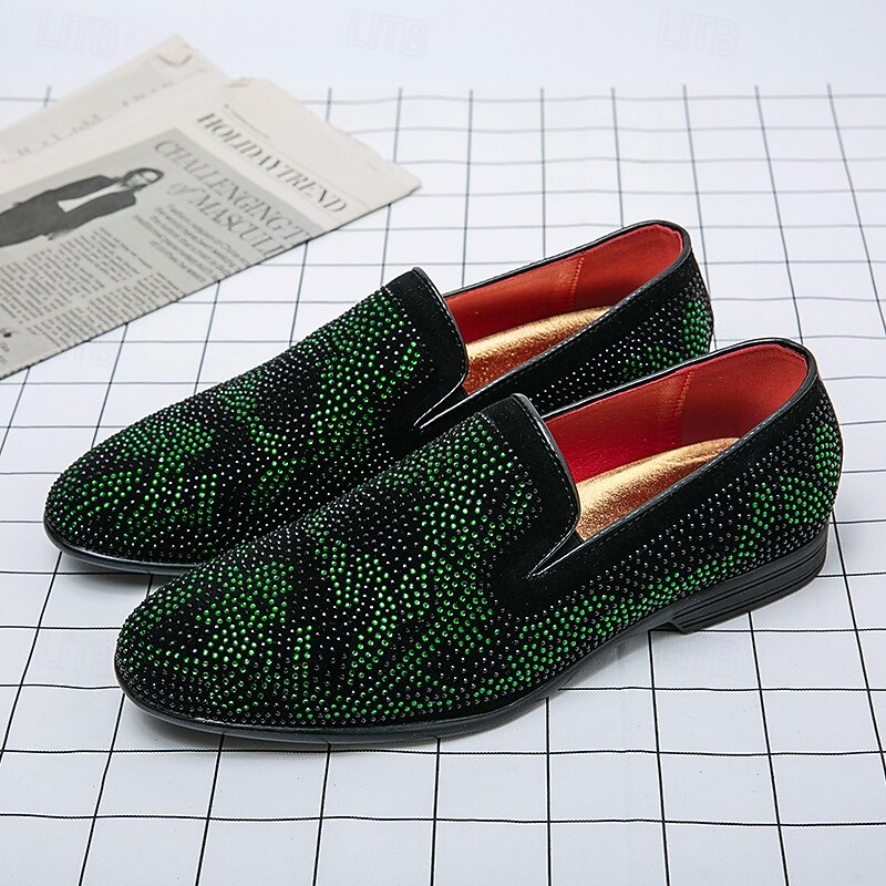 Men's Prom Shoes - Green and Black Snakeskin Pattern Velvet Loafers for Bold Fashion Statements2