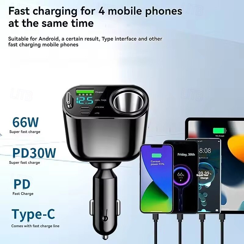 Retractable Car Charger 5 in 1 Fast Charging Car Charger Adapter 12V-24V Universal for iPhone Samsung Xiaomi2