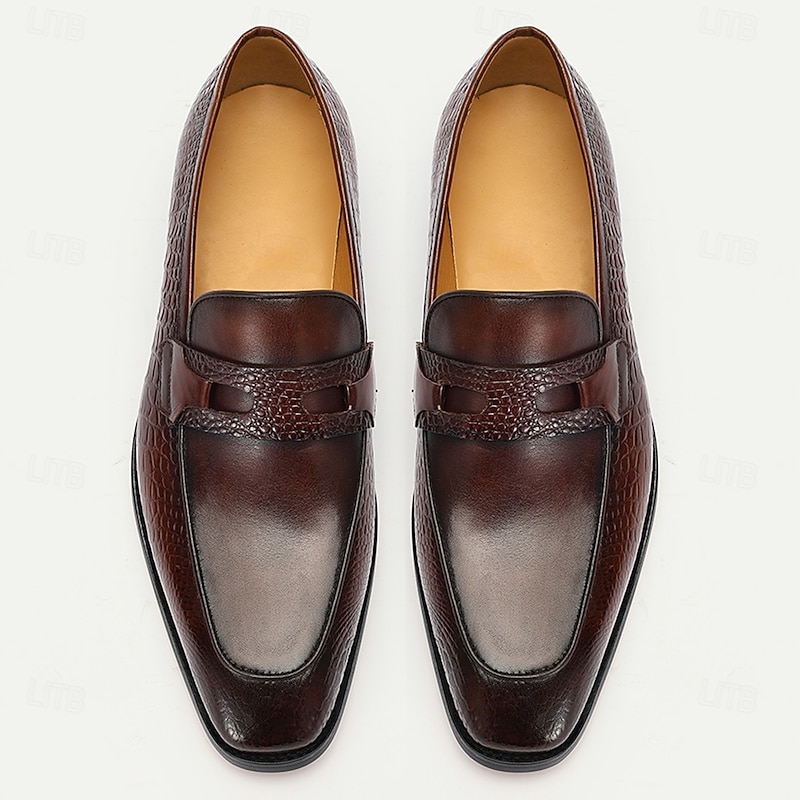 Men's Brown Genuine Leather Penny Loafers – Classic Crocodile Pattern Slip-On Dress Shoes for Kentucky Derby & Business Wear4