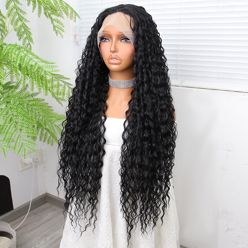 Synthetic Lace Wig Deep Curly Style 32 inch Black Middle Part 13x4x1 T Part Lace Front Wig Women's Wig Black4