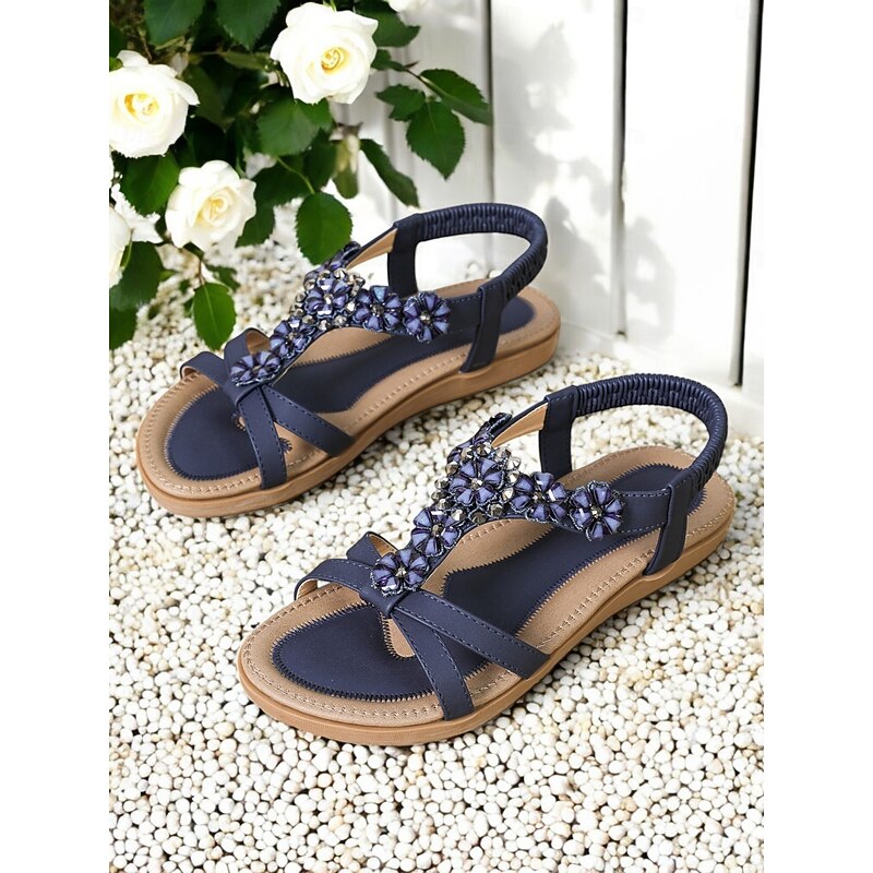 Women's Floral Embellished Navy Sandals - Stylish Flat Summer Shoes with Comfy Insole, Great for Daily Wear or Garden Parties4