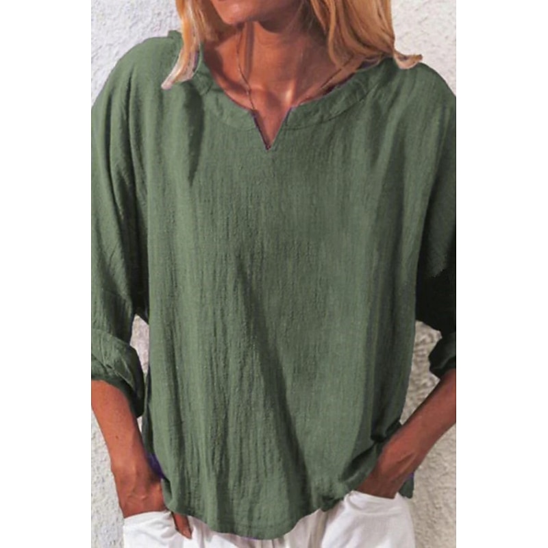 Women's Blouse Cotton Linen Shirts Plain Basic Modern Long Sleeve V Neck Regular Tops Holiday Going out Wine Light Brown Brown Green Summer