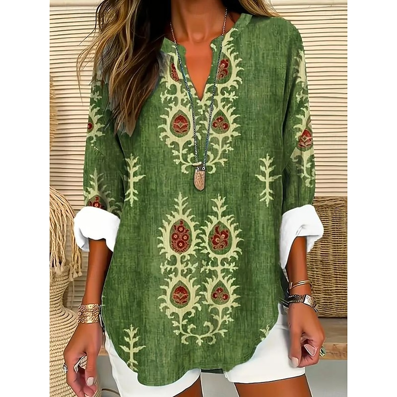 Women's Blouse Tunic V Neck Long Sleeve Boho Casual Tops Floral Graphic Vintage Tropical Regular Tops Daily Wear Print Blue Orange Green