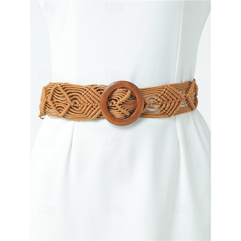 Boho Macrame Woven Belt for Women – Handmade Wide Waist Belt with Wooden Buckle, Vintage Chic Style for Dresses, Casual Outfits and Summer Beachwear4