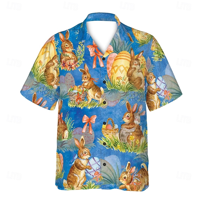 Easter Men's Bunny Easter Egg Shirt Cuban Collar Shirt Button Up Shirt Short Sleeve Vintage Retro Vacation Holiday Festival Summer Spring Camp Collar Shirt 3D Print Blue