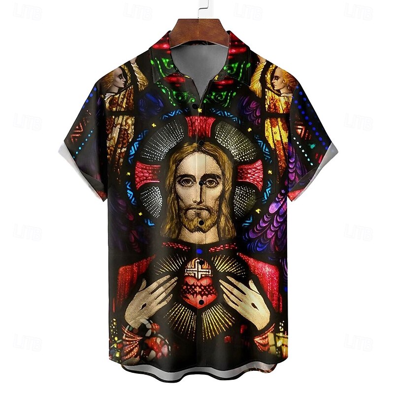 Easter Men's Templar Cross Jesus Shirt Casual Shirt Button Up Shirt Short Sleeve Vintage Retro Vacation Holiday Festival Summer Spring Turndown 3D Print Collared Shirts Black