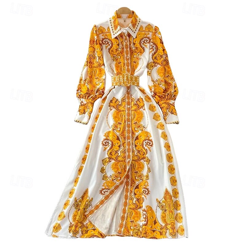 Women's Midi Dress Boho Dress Fashion Classic Vacation Going out Weekend Regular Fit Flower Long Sleeve Shirt Collar Yellow Summer2