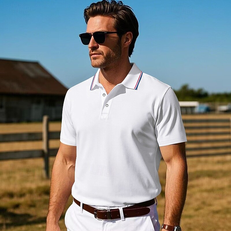 Men's Golf Shirt Pique Polo Shirt Business Casual Ribbed Polo Collar Short Sleeve Fashion Basic Solid Color Buttons Summer Spring &  Fall Regular Fit Light Pink Black White Yellow Light Green Red3